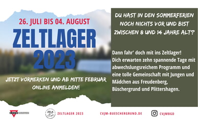 Zeltlager 2023 26. Juli bis 4. August Aachen CVJM Büschergrund